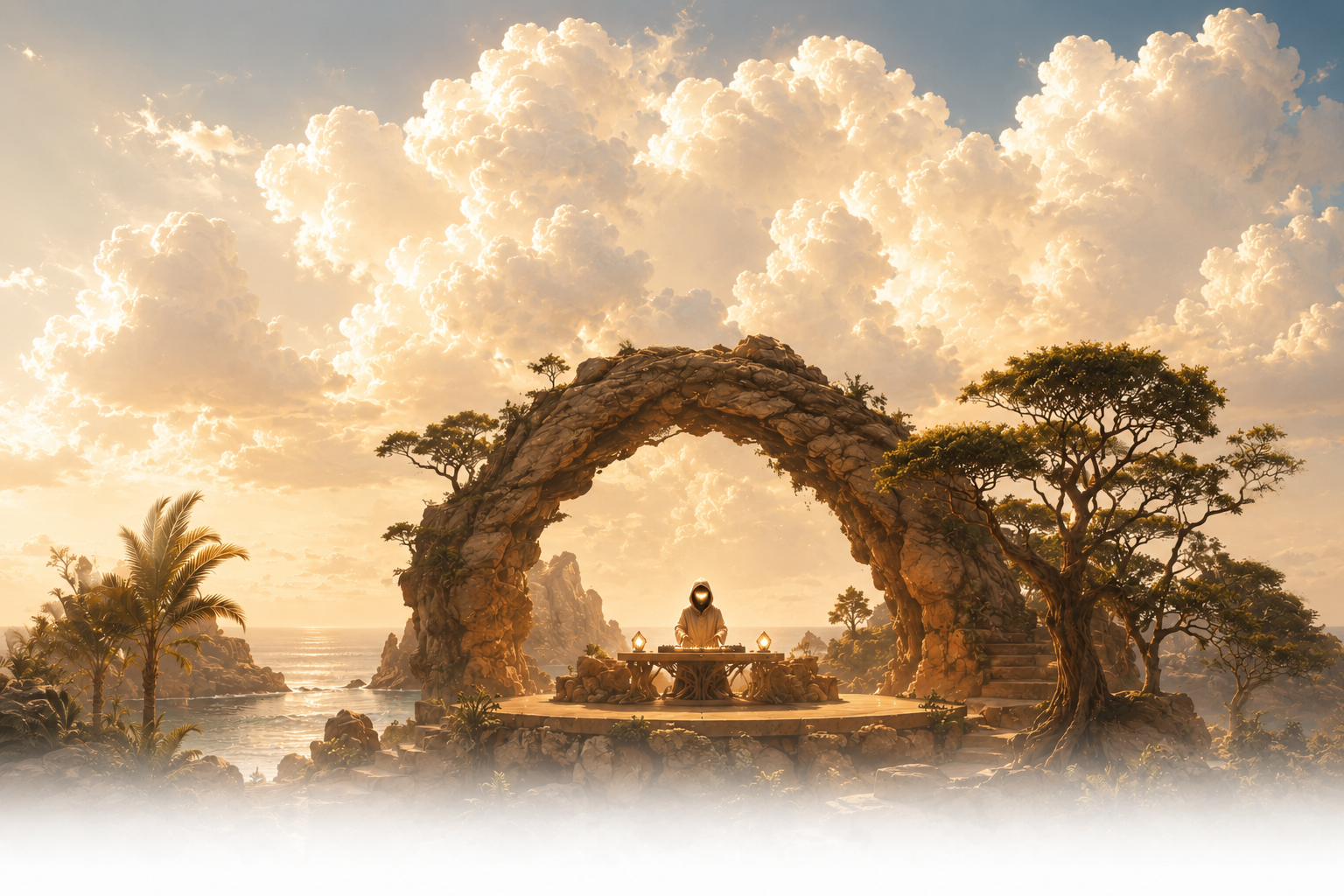 A hooded figure at a glowing altar beneath a stone arch, golden clouds behind