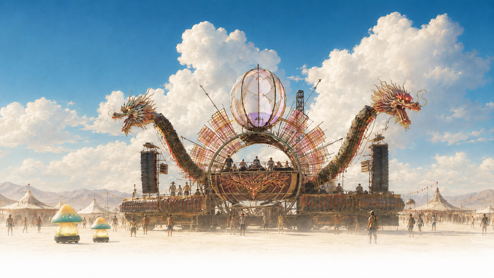 The Long Feng dragon stage rising over Black Rock City