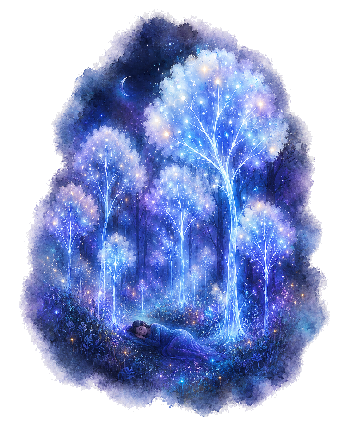 A cluster of blue watercolor light-trees