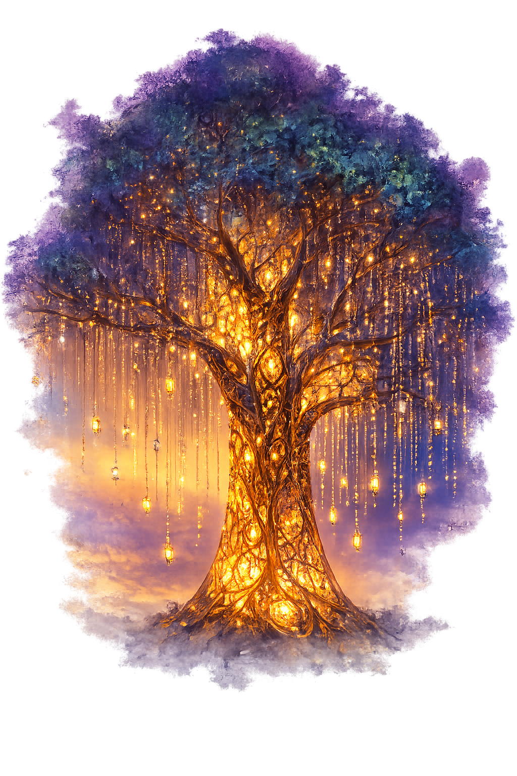 The Master Tree — a grand glowing dream-tree hung with strands of light
