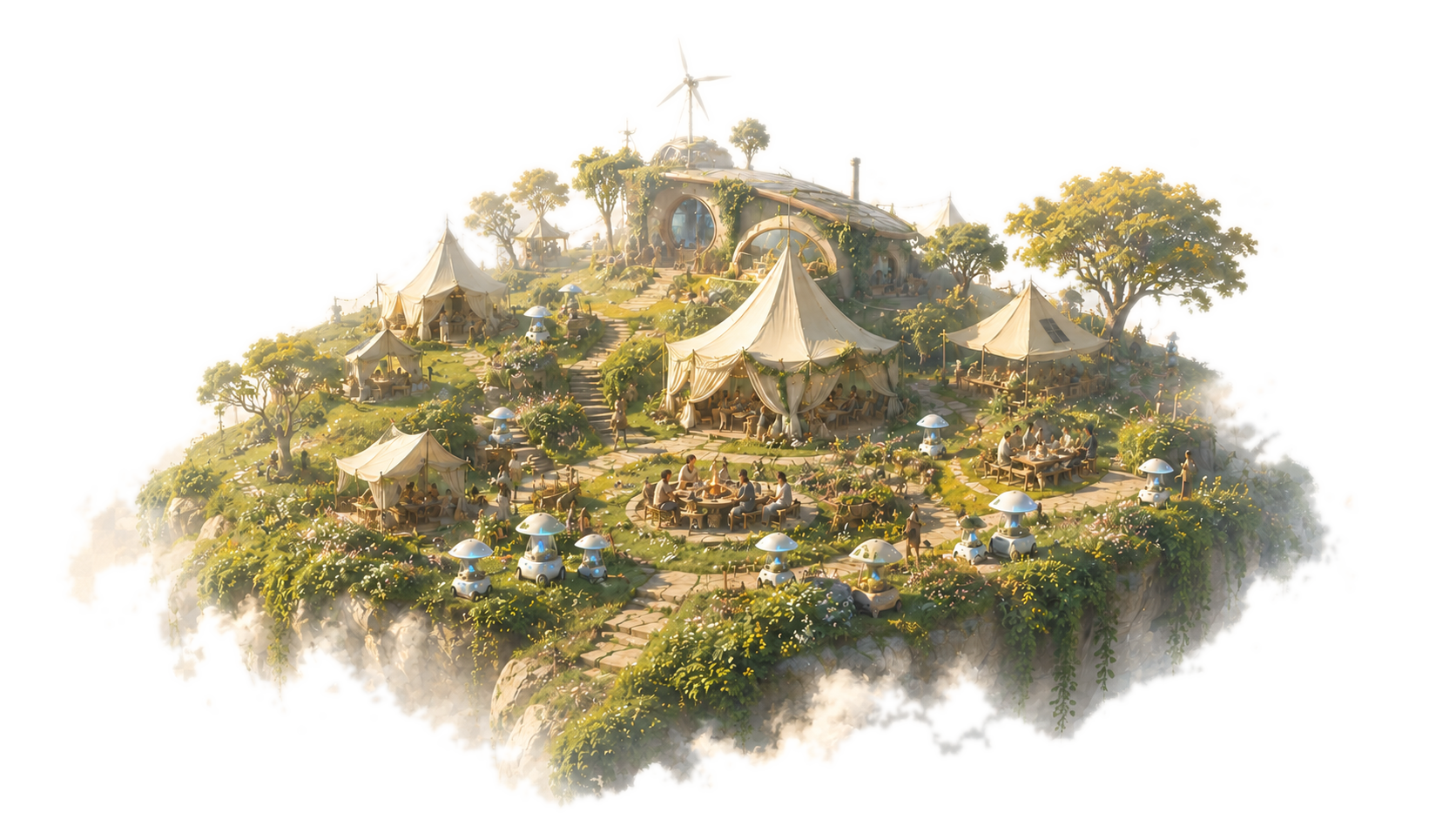 The Magic Campus — a floating island of tents, gardens and gentle robots