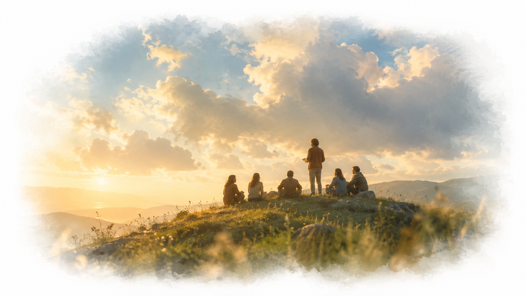A handful of people watching the sun set from a hill