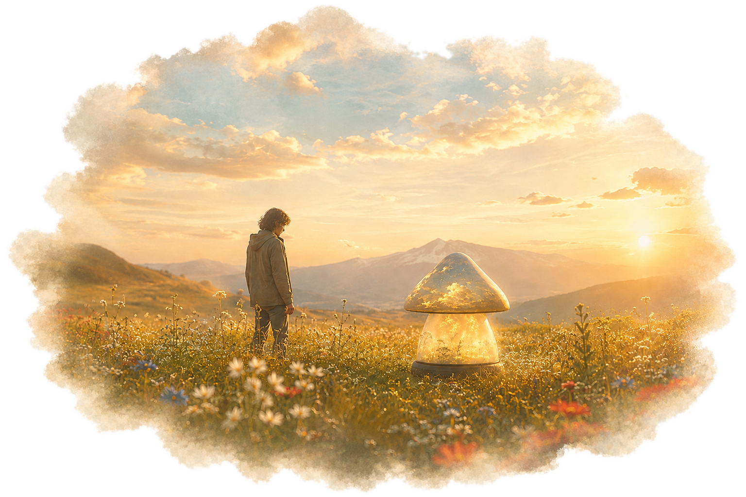 A person met by a gentle glowing robot in a field of flowers at sunset